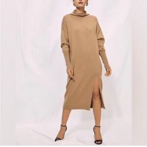 Aritzia Wilfred Cyprie Mock Neck Midi Sweater Dress Camel Merino Wool Chalet